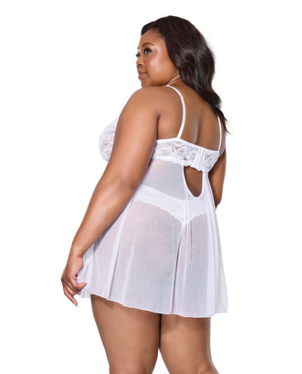 Scallop Stretch Lace & Mesh Babydoll w/Thong - White 1X/2X - Image 2