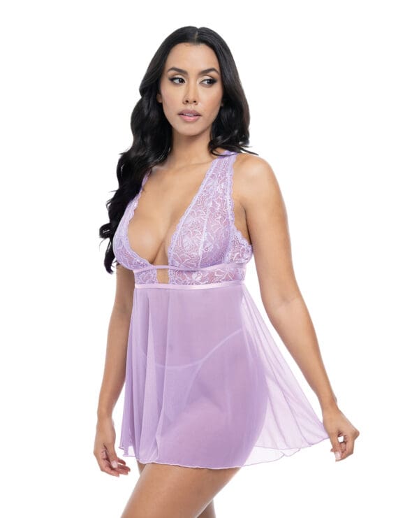 Stassi Lace & Mesh Babydoll w/G-String 2 pc Set - Lavender S/M - Image 2