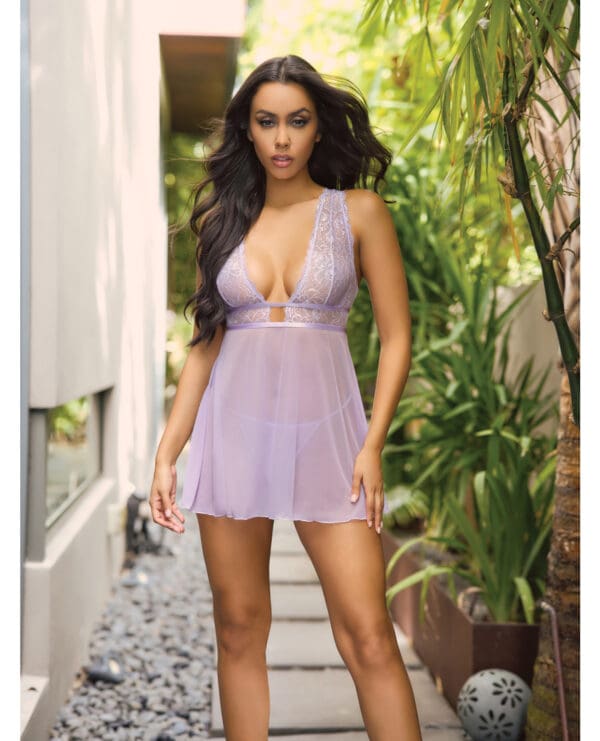 Stassi Lace & Mesh Babydoll w/G-String 2 pc Set - Lavender S/M - Image 5