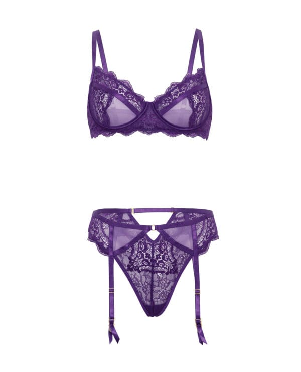 Margo Lace & Mesh Underwire Bra w/Gartered Panty 2 pc Set - Imperial Purple L/XL - Image 4