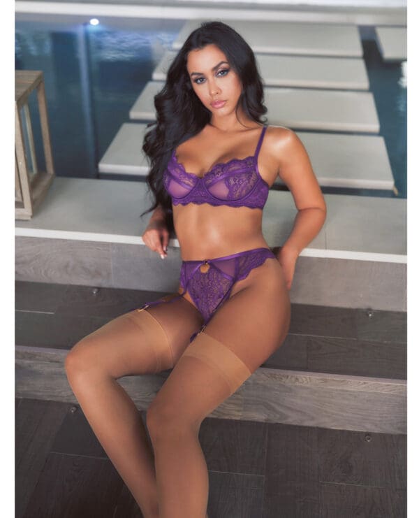 Margo Lace & Mesh Underwire Bra w/Gartered Panty 2 pc Set - Imperial Purple L/XL - Image 5