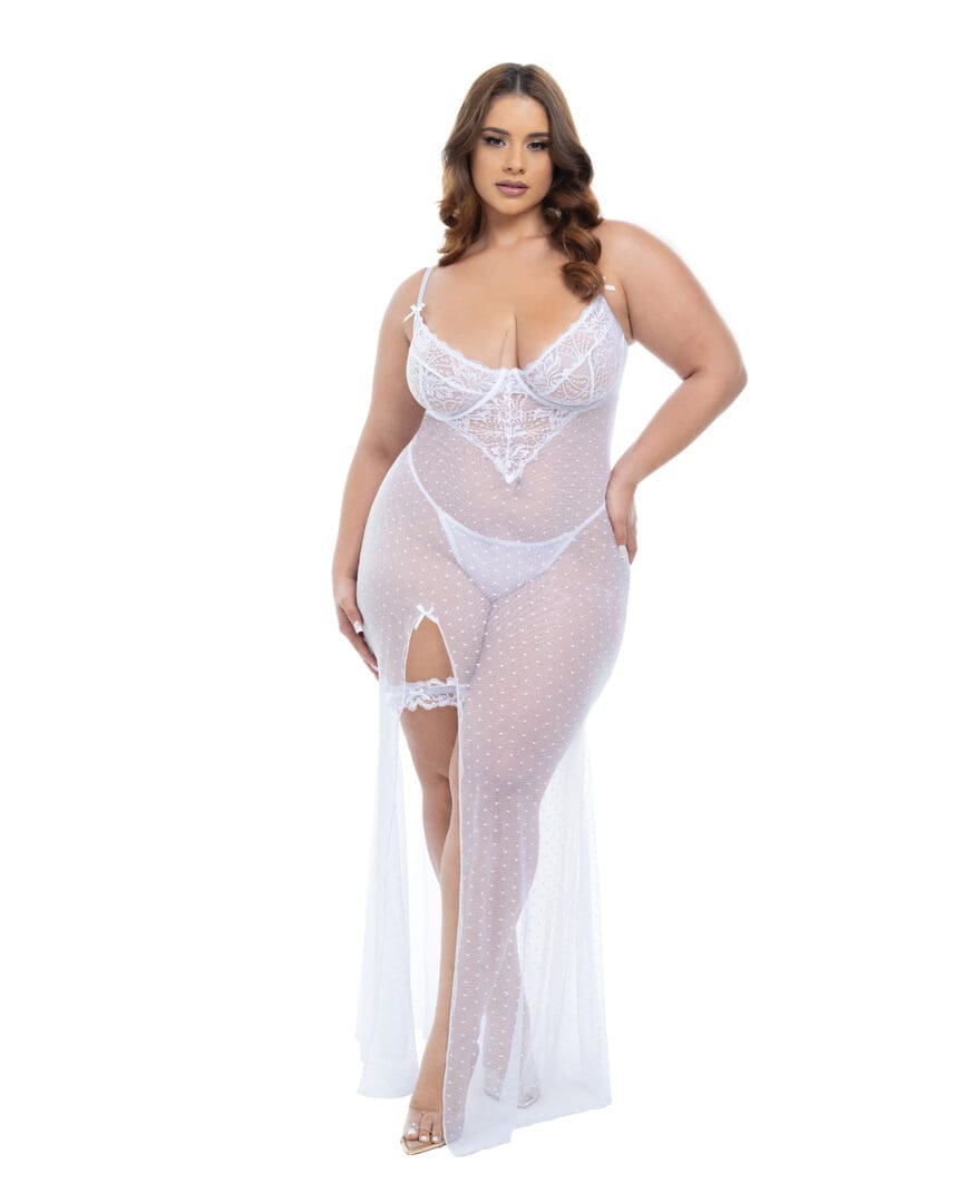 Livia Dot Mesh & Lace Underwire Gown & Garter 2 pc Set - White 1X/2X