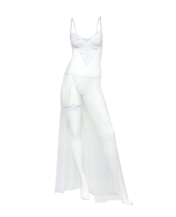 Livia Dot Mesh & Lace Underwire Gown & Garter 2 pc Set - White 1X/2X - Image 3