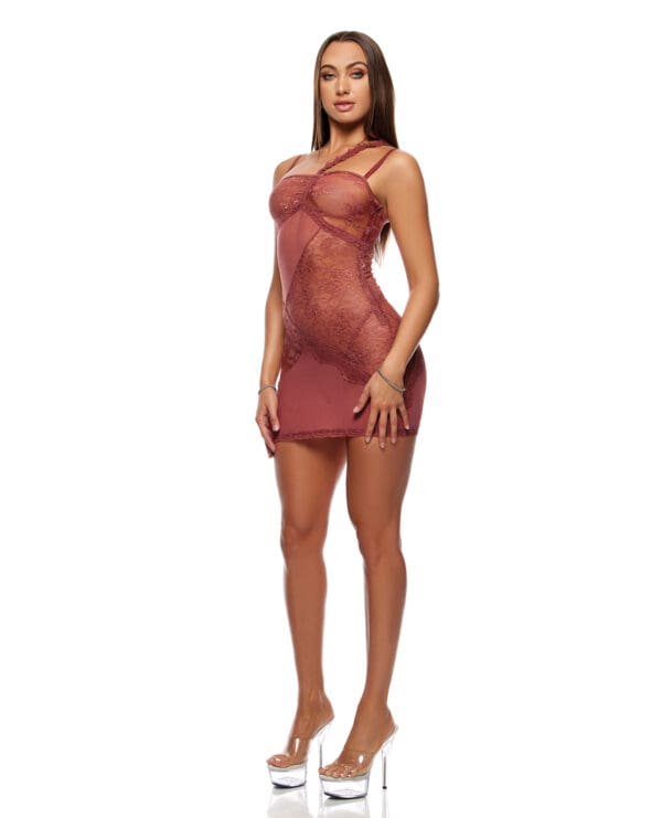 Patch of Petals Sheer Mesh and Lace Chemise w/Thong 2 pc Set - Mauve XL - Image 2