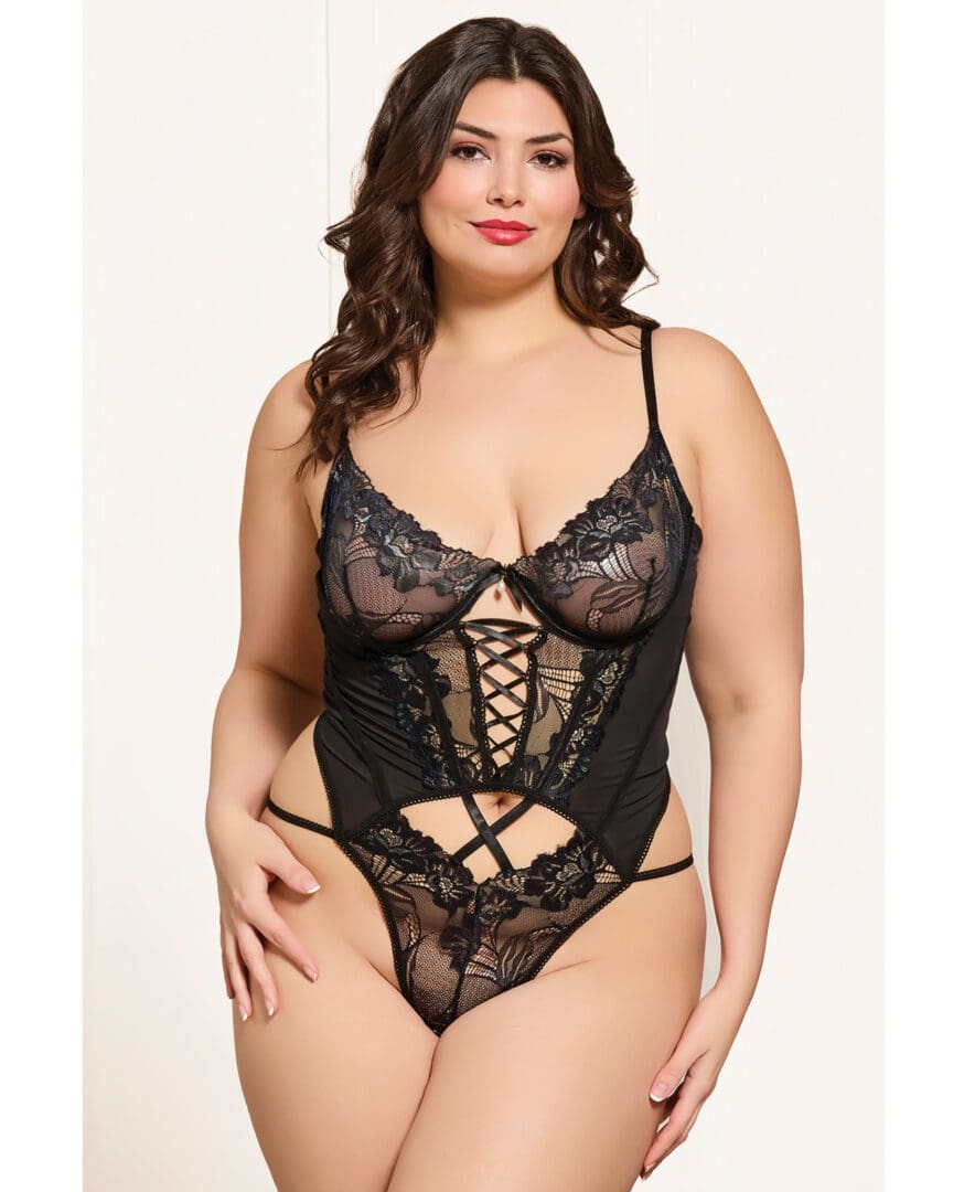 Cross-Dye Lace and Mesh Underwire Teddy w/Hook and Eye Back Closure - Black 1X/2X