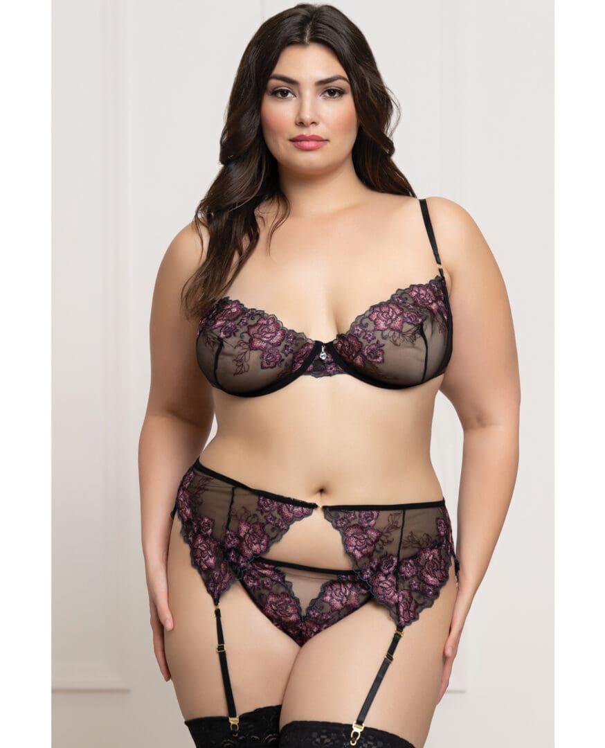 Floral Lace and Mesh Underwire Bra w/Garter & Thong 3 pc Set - Black/Purple 3X/4X
