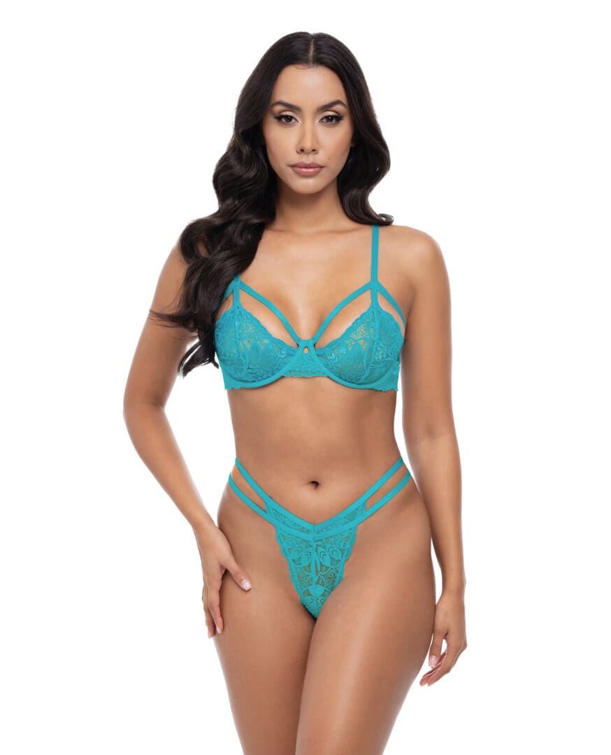 Raya Lace Underwire Bra w/Panty 2 pc Set - Beach Blue S/M