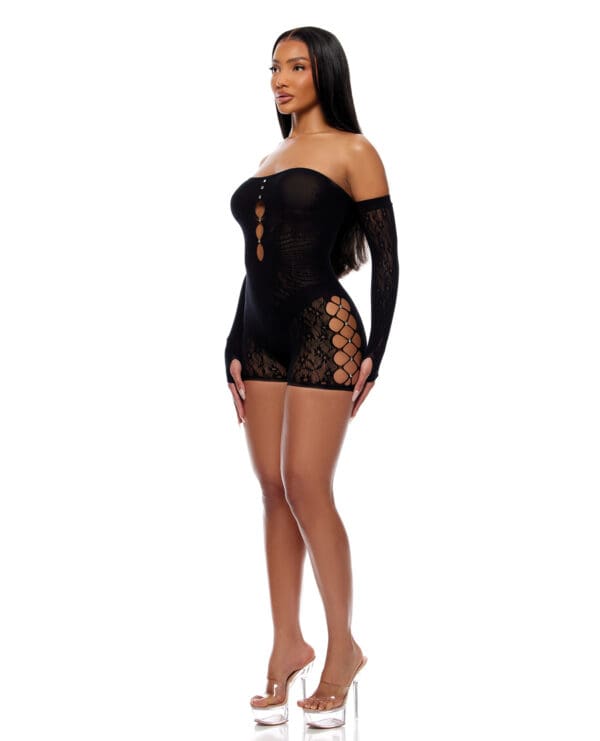 Cross Your Mind Romper Bodystocking w/Rhinestone Details & Gloves 2 pc Set - Black QN - Image 2