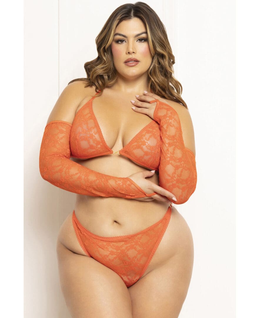 Floral Lace Halter Triangle Top w/Thong & Gauntlet Gloves 3 pc Set - Tangerine QN
