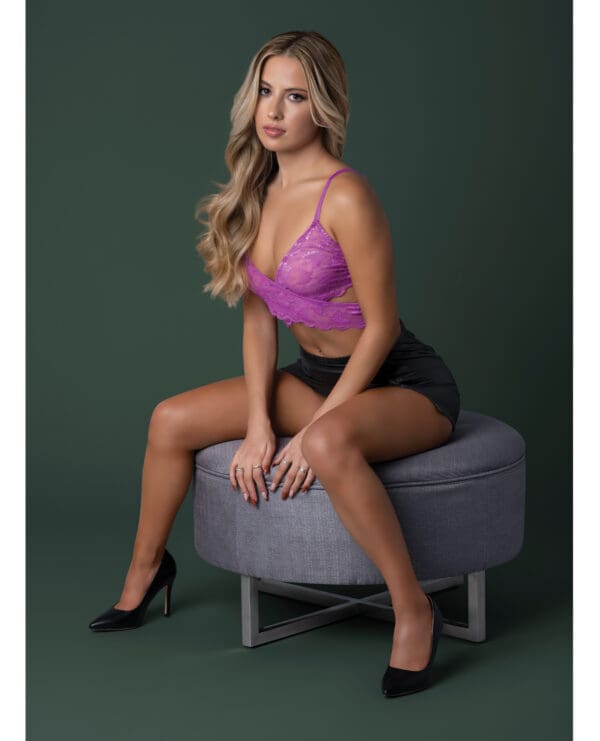 Butterfly Fantasies Cross Over Bralette w/Thong and Garter 3 pc Set - Neon Purple L/XL - Image 4