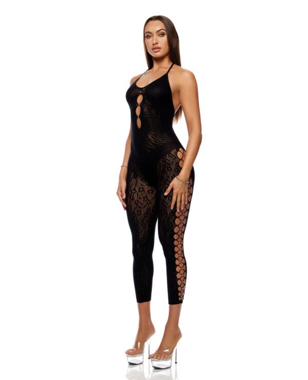 Cross Your Mind Capri Floral Knit Bodystocking w/Rhinestone Details - Black QN - Image 2