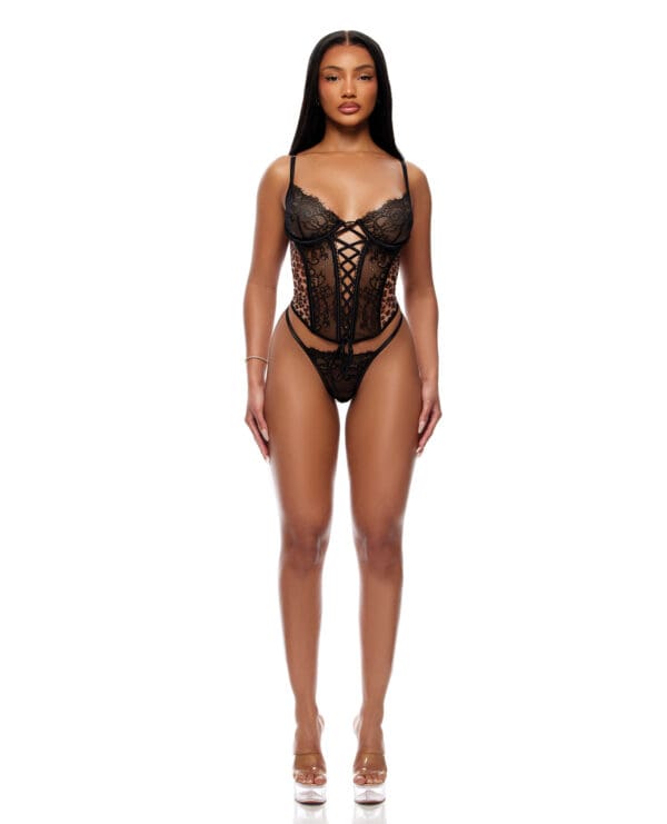 Animal Instincts Sheer Mesh and Lace Bustier w/Thong 2 pc Set - Animal MD