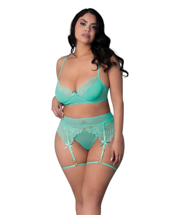 Caribbean Crush Demi Bra w/Thong & Garters 3 pc Set - Aqua QN - Image 2