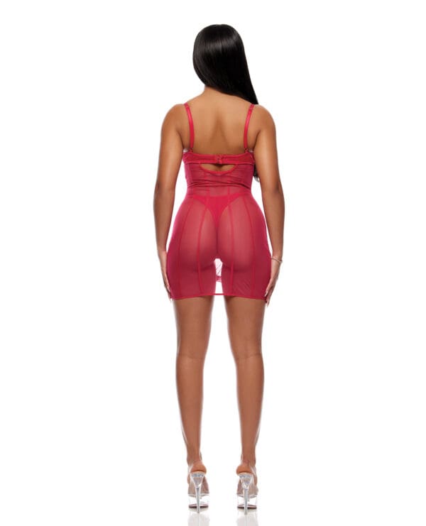 Layers To This Sheer Mesh and Knit Chemise w/Thong 2 pc Set - Pink MD - Image 3