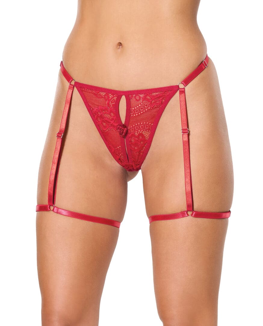Lace Thong w/Garters and Bow Detail - Red SM