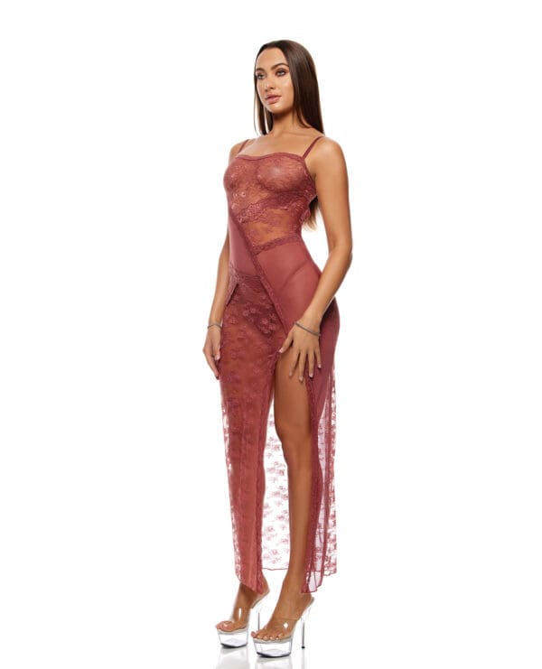 Patch Of Petals Sheer Mesh and Lace Gown w/Thong 2 pc Set - Mauve SM - Image 2