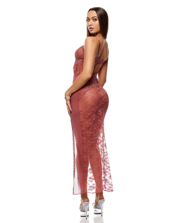 Patch Of Petals Sheer Mesh and Lace Gown w/Thong 2 pc Set - Mauve SM - Image 3