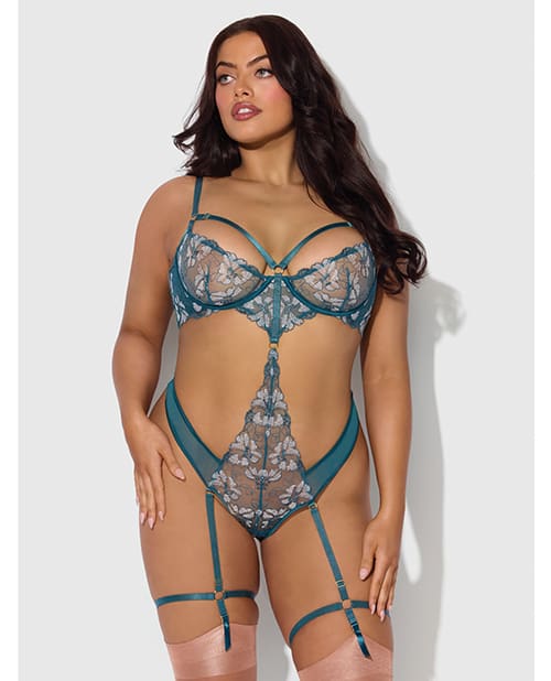 Nova Lace Teddy w/Garters - Jade Blue 3X/4X