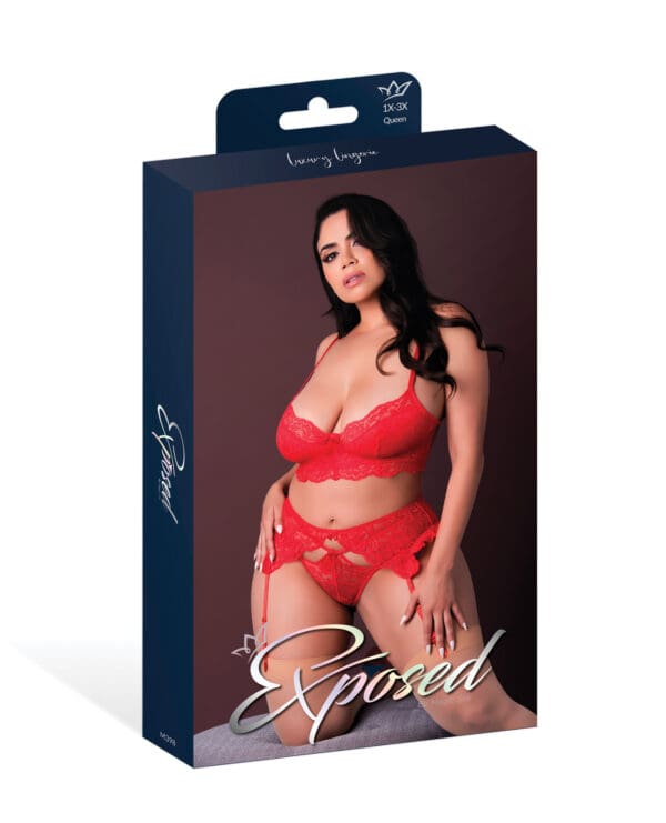 Sugar High Lace Bralette w/Garter Belt & Strappy Panty 3 pc Set - Red 2X - Image 5
