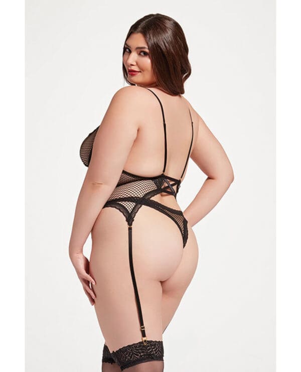 Stretch Mesh and Lace Cami w/Thong 2 pc Set - Black QN - Image 2
