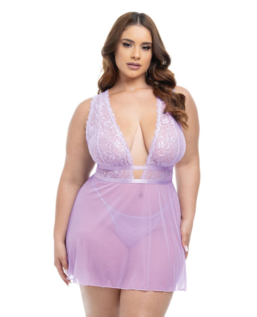 Stassi Lace & Mesh Babydoll w/G-String 2 pc Set - Lavender 1X/2X