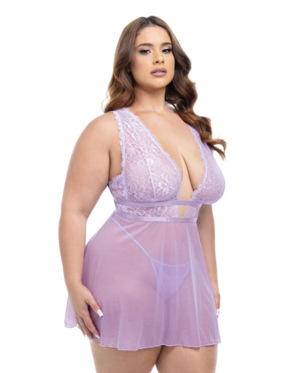 Stassi Lace & Mesh Babydoll w/G-String 2 pc Set - Lavender 1X/2X - Image 2