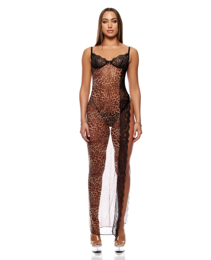 Animal Instincts Sheer Mesh and Lace Gown w/Thong 2 pc Set - Animal SM