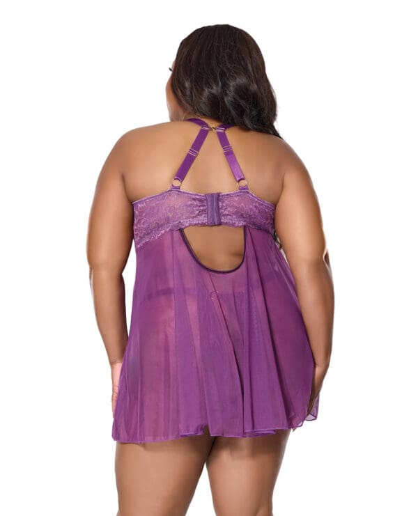 Metallic Stretch Lace & Mesh Babydoll w/Thong - Purple 1X/2X - Image 3