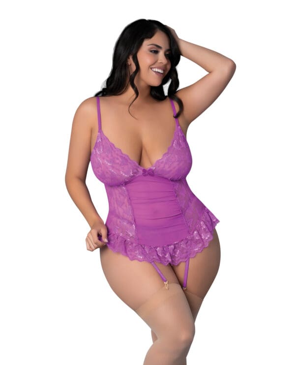 Butterfly Fantasies Gathered Corset w/Cheeky Panty & Attached Garters 2 pc Set - Neon Purple QN - Image 2