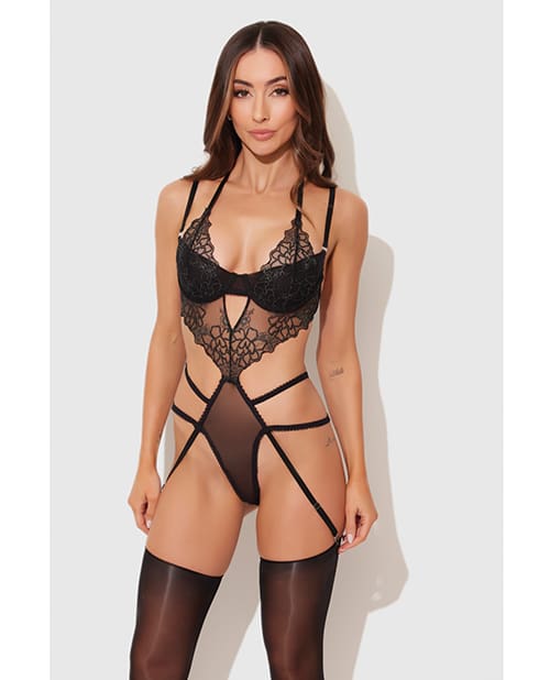 Eden Embroidered Lace & Mesh Teddy w/Garters - Black LG