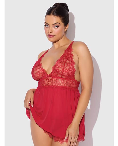 Mila Eyelash Lace & Mesh Babydoll w/G-String 2 pc Set - Red 1X/2X