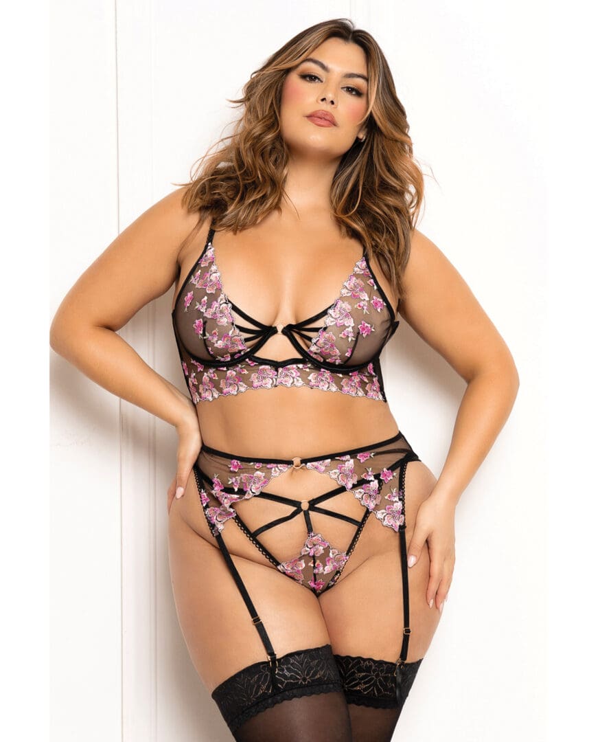 Floral Lace and Mesh Long Line Underwire Bra w/Garter & G-String - Black/Pink 3X/4X