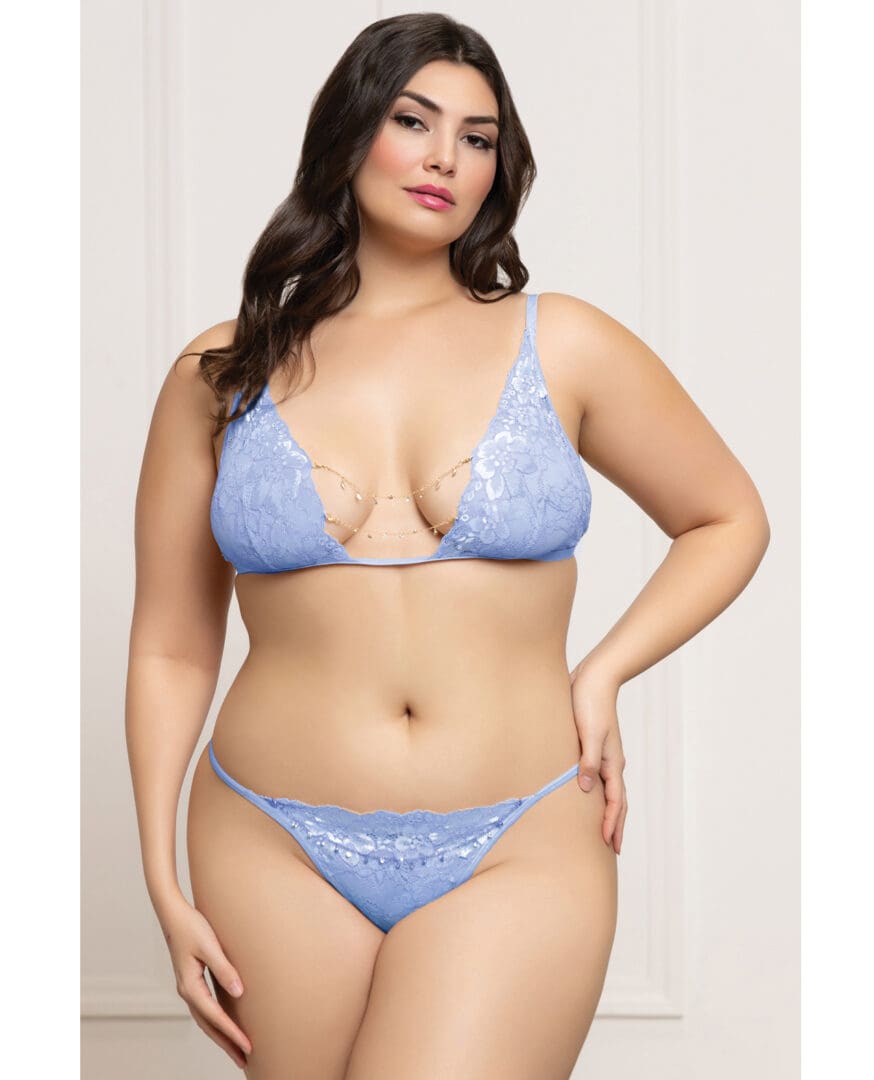 Lace Triangle Top & G-String with Rhinestone Details - Periwinkle Blue QN