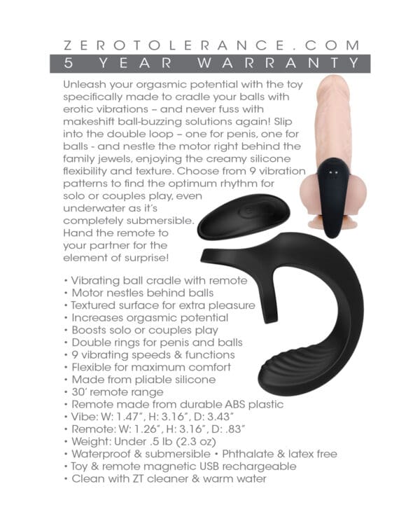 Zero Tolerance Vibrating Ball Cradle w/Remote - Black - Image 2