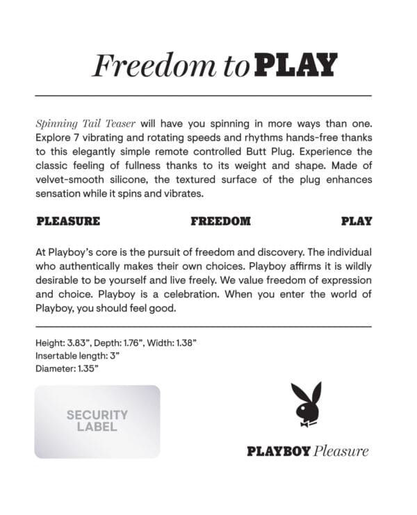 Playboy Pleasure Spinning Tail Teaser Butt Plug - Salute - Image 2