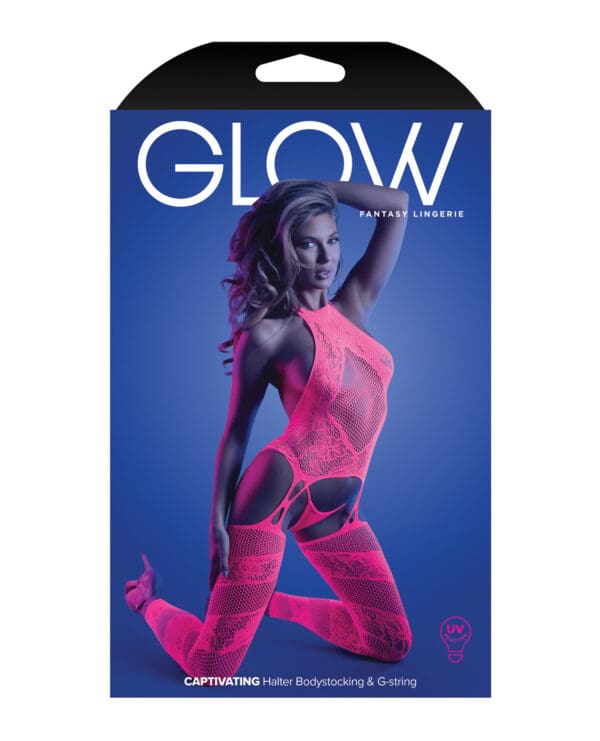 Glow Captivating Halter Bodystocking & G-String Neon Pink O/S - Image 3