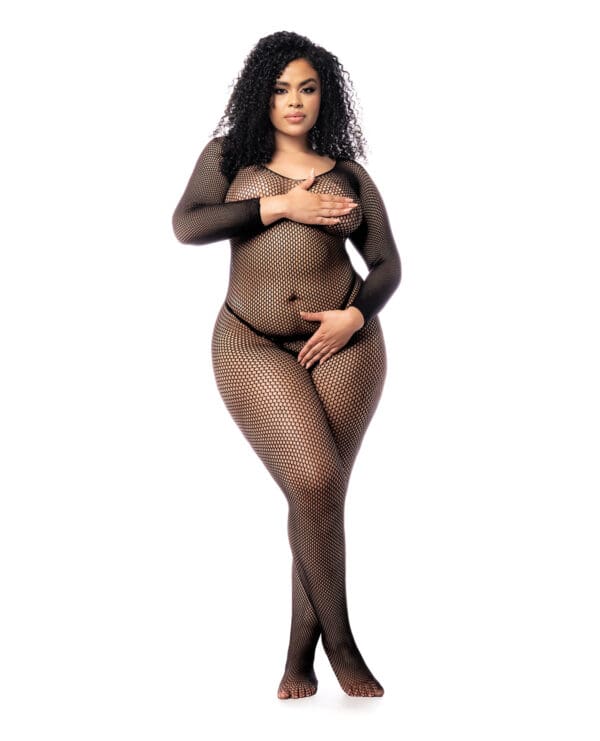Long Sleeved All Over Fishnet Body Stocking Black QN - Image 2