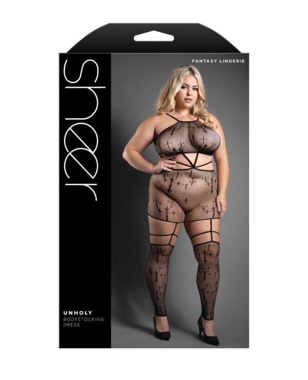 Sheer Unholy Gartered Bodystocking Dress w/Attached Stockings - Black QN - Image 3