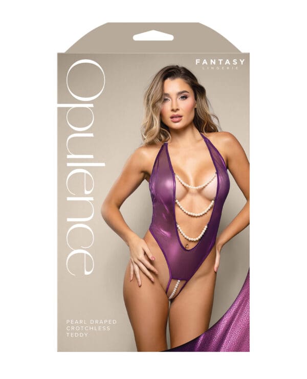 Opulence Shimmer Mesh Halter Teddy w/Pearl Details - Purple L/XL - Image 3