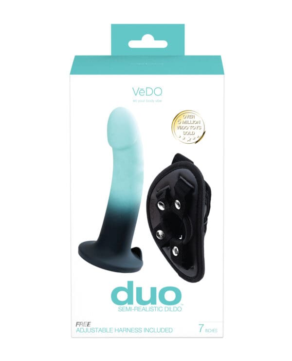 VeDO Duo Silicone Dildo w/Harness - Turquoise/Black - Image 5