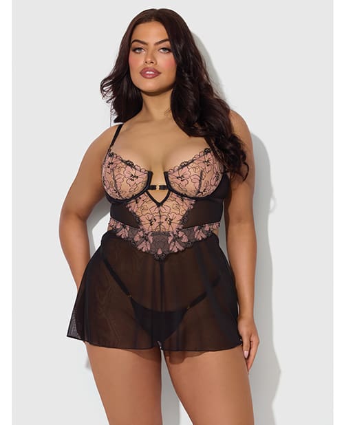 Nova Lace & Mesh Babydoll w/G-String 2 pc Set - Black 1X/2X