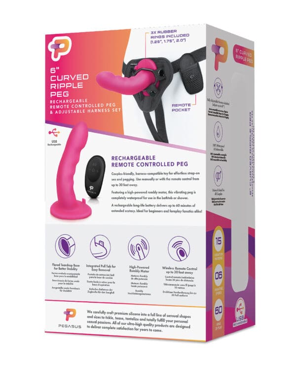 Pegasus 6" Rechargeable Ripple Peg w/Adjustable Harness & Remote - Pink - Image 2