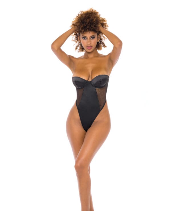 Josephine High Leg Teddy w/Removable Fishnet Collared Harness Black SM - Image 3