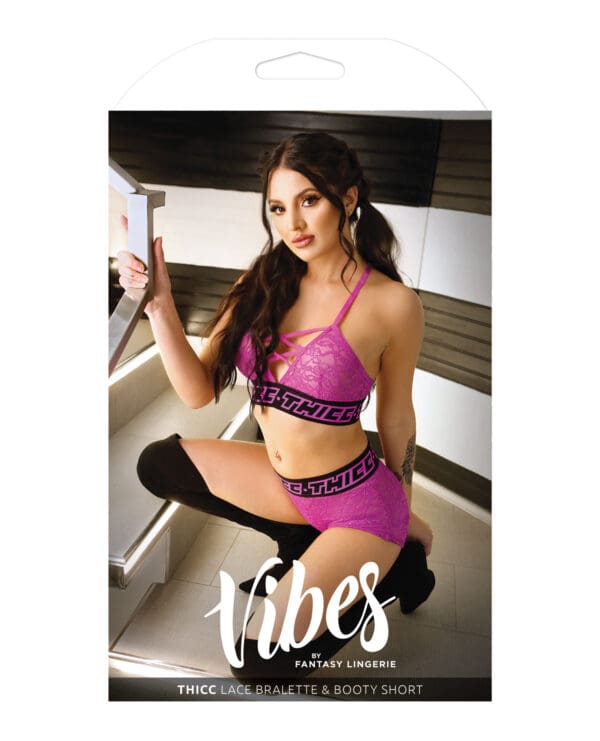 Vibes Thicc Stretch Lace Bralette & Booty Shorts Pink L/XL - Image 3