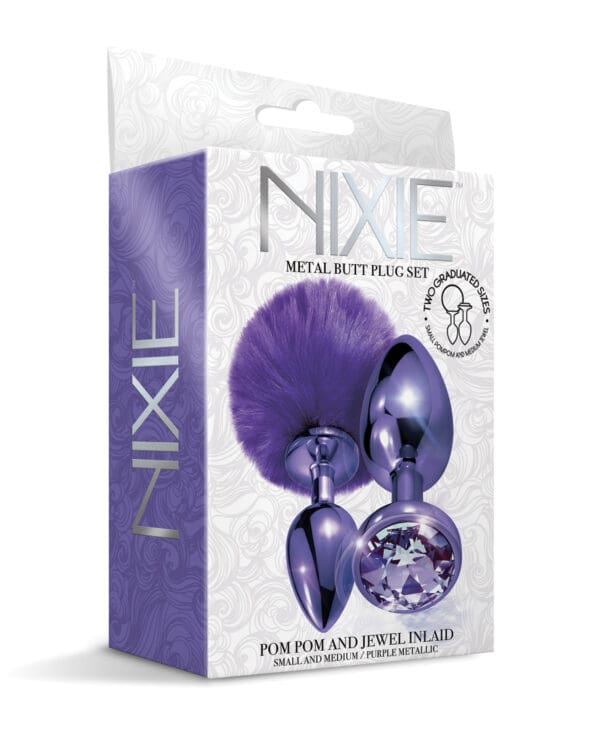 Nixie Metal Butt Plug Set w/Jewel Inlaid & Pom Pom - Purple Metallic - Image 2