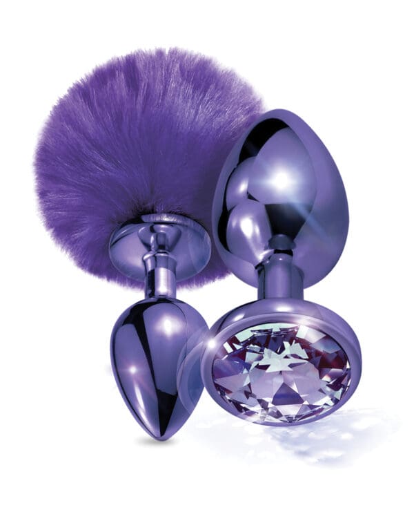 Nixie Metal Butt Plug Set w/Jewel Inlaid & Pom Pom - Purple Metallic - Image 3