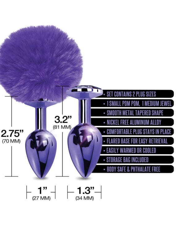 Nixie Metal Butt Plug Set w/Jewel Inlaid & Pom Pom - Purple Metallic - Image 4