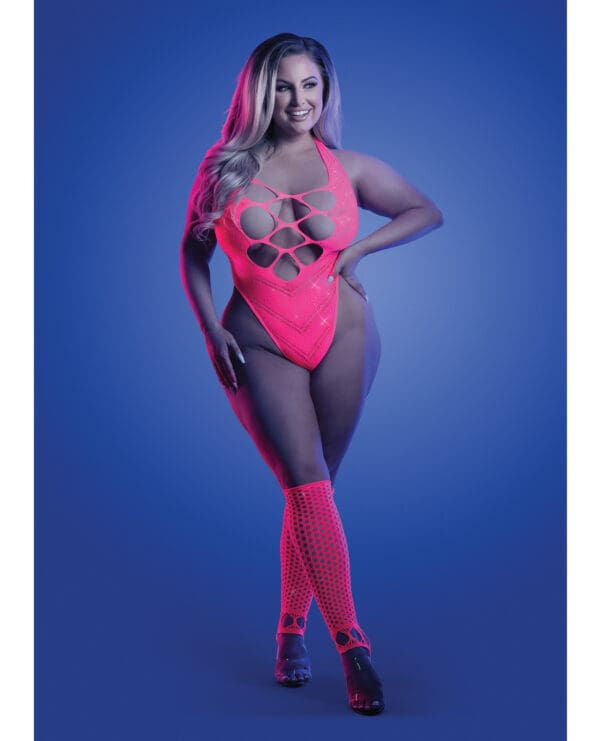 Glow Flashback Black Light Reactive Rhinestone Teddy w/Gloves (or Leg Warmers) - Neon Pink QN - Image 2