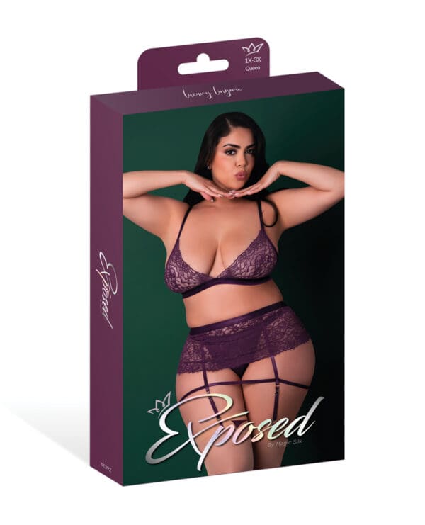Leather & Lace Stretch Mesh and Lace Bralette w/Garter & Thong 3 pc Set - Plum 2X - Image 5