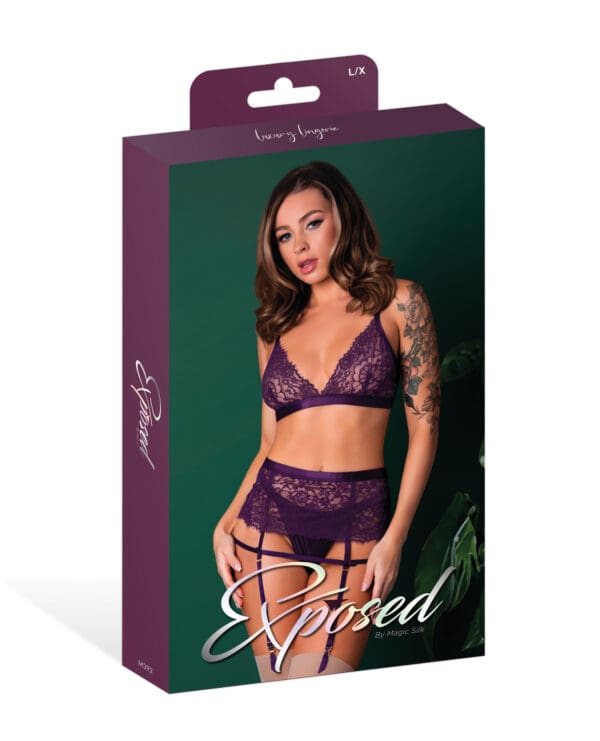 Leather & Lace Stretch Mesh and Lace Bralette w/Garter & Thong 3 pc Set - Plum L/XL - Image 4